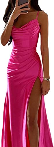 Frauen Spaghetti Strap Satin Kleid Elegante Meerjungfrau Kleid Lange A Linie Ärmelloses Kleid Sexy Hüfte Off Schulter Kleid Schlitz (Rose,M) von Yeooa