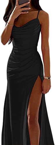 Frauen Spaghetti Strap Satin Kleid Elegante Meerjungfrau Kleid Lange A Linie Ärmelloses Kleid Sexy Hüfte Off Schulter Kleid Schlitz (Schwarz,M) von Yeooa