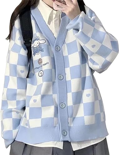 Kawaii Damen Cardigan Süße JK Varsity Jacke Damen Langarm Strickjacke Strickjacke Cartoon Print Schachbrett Strickjacke (Blau,S) von Yeooa