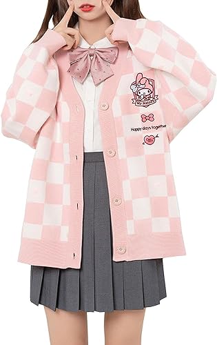 Kawaii Damen Cardigan Süße JK Varsity Jacke Damen Langarm Strickjacke Strickjacke Cartoon Print Schachbrett Strickjacke (Rosa,XXL) von Yeooa