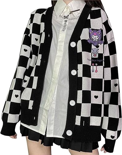 Kawaii Damen Cardigan Süße JK Varsity Jacke Damen Langarm Strickjacke Strickjacke Cartoon Print Schachbrett Strickjacke (Schwarz,XL) von Yeooa