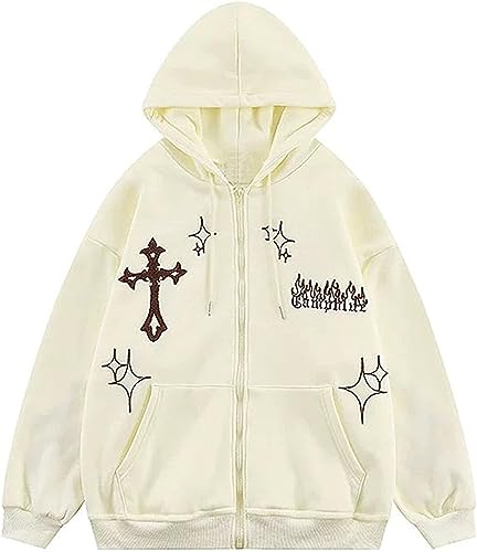 Y2K Hoodie Herren Star Muster Hoodie Kreuz Bestickt Hoodie Hip Hop Paar Lose Vintage Sweatshirt (Aprikose,S) von Yeooa