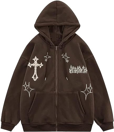 Y2K Hoodie Herren Star Muster Hoodie Kreuz Bestickt Hoodie Hip Hop Paar Lose Vintage Sweatshirt (Braun,S) von Yeooa