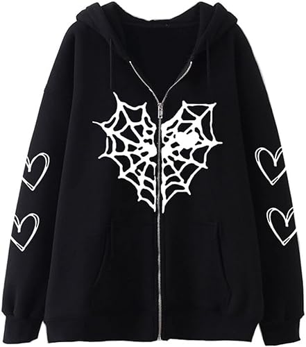 Y2K Hoodie Übergroßer E-Girl Hoodie Unisex Love Spider Web Hoodie Langarm mit Kordel Zug Hoodie Mode Streetwear (Black,S) von Yeooa