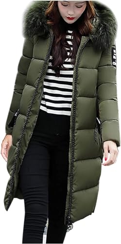 Yeooa Damen 2023 Mode Winter Warme lange schlanke Daunen jacke Elegante geste ppte Daunen jacke Leichte Freizeit Wind dichte Übergangs jacke Outdoor Kapuzen Parka (Grün,L) von Yeooa