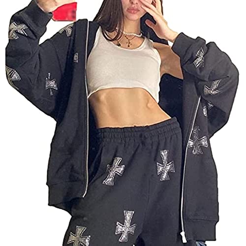 Yeooa Damen 2er-Set mit Reißverschluss Jacke übergroßen Kreuz Strass Kappe + Jogginghose Kapuzen-Sweatshirt High Street Harajuku Kleidung (Schwarz,M) von Yeooa