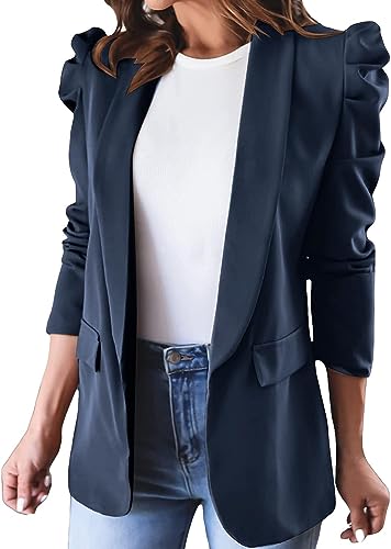 Yeooa Damen Blazer Jacke lässig Revers Puffärmel Langarm Strickjacke leichte Jacke Arbeit Business Büro Jacke mit Taschen (Blau,M) von Yeooa