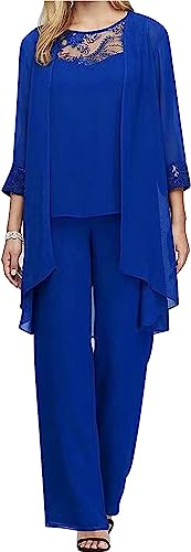 Yeooa Damen Elegantes 3/4-Ärmel-Oberteil Weite Hose dreiteiliges Set in einfarbiger Ausführung große Größe Brautkleid-Set Abendkleid-Set Gäste-Kleid (Blau,3XL) von Yeooa