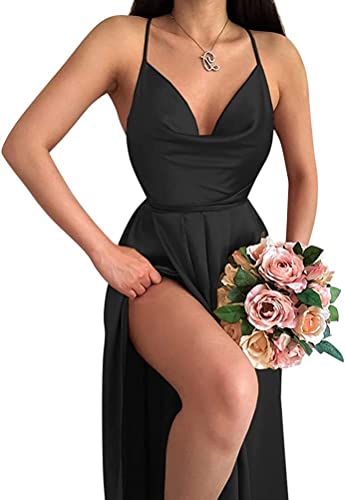 Yeooa Damen Elegantes langes Kleid Halter Cocktailkleid temperamentvoll sexy Seitenschlitz High Heels Kleid (Schwarz,S) von Yeooa