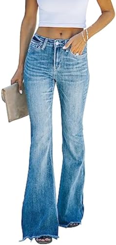 Yeooa Damen Jeans Bauch Kontrolle Jeans Damen Flare Jeans Bootcut Jeans Damen hohe Taille Boyfriend Jeans (Blau,S) von Yeooa