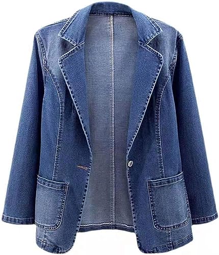 Yeooa Damen Jeansjacke modisch Vintage übergroß geprägt Herbst-Übergangsjacke Elegantes Revers Langarm Business-Jeansjacke Leichter Knopf-Jeansmantel (Blau,L) von Yeooa