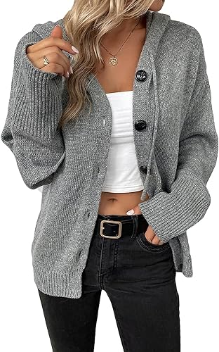 Yeooa Damen Kapuzenpulli lässig langärmelig Dicke Strickjacke Mode V-Ausschnitt Kordelzug Kurze Strickjacke Feste Farbe Herbst und Winter Jacke mit Schnalle Pullover (Grau,M) von Yeooa