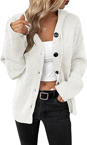 Yeooa Damen Kapuzenpulli lässig langärmelig Dicke Strickjacke Mode V-Ausschnitt Kordelzug Kurze Strickjacke Feste Farbe Herbst und Winter Jacke mit Schnalle Pullover (Weiß,S) von Yeooa