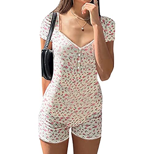 Yeooa Damen Kleiner floraler Modedruck Sexy V-Ausschnitt Sommer Kurzarm Y2k Langarm-Overall Bedruckter Enger Overall Straßenshorts dehnbarer Pyjama-Overall (A-Rot,S) von Yeooa