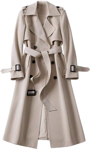 Yeooa Damen Langer Trenchcoat Leichte Zweireiher Jacke Slim Fit Klassische Winterjacke Schlichtes Revers Winddichte Übergangsjacke mit Knopftaschen Jacke (Beige,M) von Yeooa