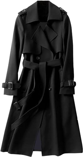 Yeooa Damen Langer Trenchcoat Leichte Zweireiher Jacke Slim Fit Klassische Winterjacke Schlichtes Revers Winddichte Übergangsjacke mit Knopftaschen Jacke (Schwarz,M) von Yeooa