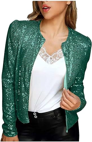 Yeooa Damen Pailletten Blazer Jacke Lässig Langarm Pailletten Jacke Mädchen Straße Party Club Jacke Elegante Kurze Jacke Schlank Einfarbig Strickjacke Leichtes Top (Grün,XXL) von Yeooa