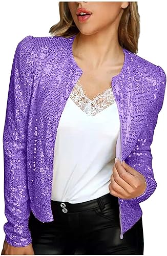 Yeooa Damen Pailletten Blazer Jacke Lässig Langarm Pailletten Jacke Mädchen Straße Party Club Jacke Elegante Kurze Jacke Schlank Einfarbig Strickjacke Leichtes Top (Lila,XXL) von Yeooa