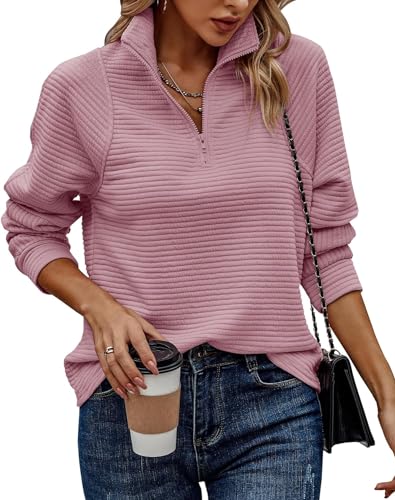 Yeooa Damen Pullover mit halbem Reiß Verschluss Damen Rundhals Sweatshirt Lässiges Langarm Einfarbig V-Ausschnitt Lose Pullover Top Damen Sweatshirt (Rosa,XL) von Yeooa