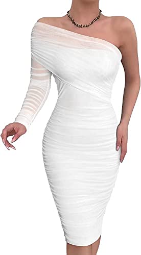 Yeooa Damen Schulterfreies Kleid Elegantes Hochzeitskleid Bodycon Cocktail Midikleid Elegantes EIN-Schulter-Kleid Schlank Plissierter Midirock Halbförmiges Kleid (Weiß,L) von Yeooa