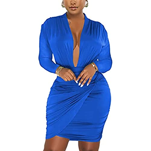 Yeooa Damen Sexy Tiefer V-Ausschnitt Gedrehte Taille Unregelmäßiger Saum Kleid mit Langen Ärmeln plissierten Kanten und Club Party Kleid (Blau,XL) von Yeooa