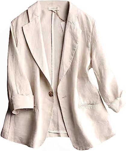 Yeooa Damen Sommer Blazer einfarbiger Cardigan Revers 3/4 Ärmel Tops Büro Business Casual Leichter Blazer (Beige,XL) von Yeooa