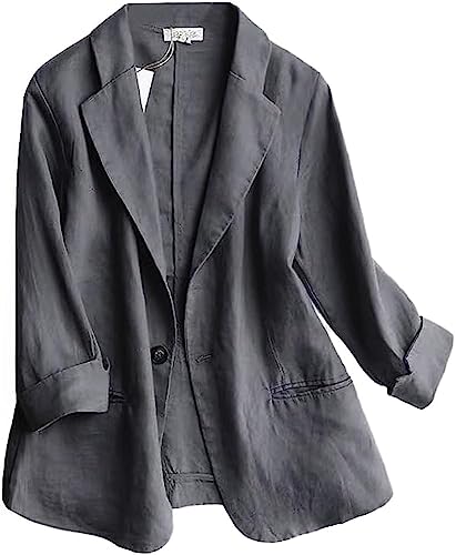 Yeooa Damen Sommer Blazer einfarbiger Cardigan Revers 3/4 Ärmel Tops Büro Business Casual Leichter Blazer (Grau,L) von Yeooa