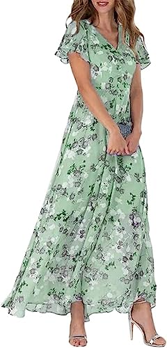 Yeooa Damen Sommerkleid aus Chiffon mit V-Ausschnitt Rüschen Blumenmuster kurzen Ärmeln hohem Taillenmuster Blumenkleid Bankett-Kleid (Grün,XL) von Yeooa