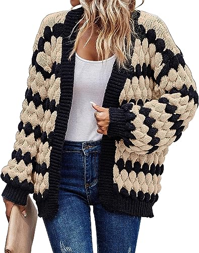 Yeooa Damen Übergroßer grob gestrickter Cardigan Herbst und Wintermode Ballonärmel Großer Pullover Jacke Gestreifter Color Block Lockerer Strick Langarm Cardigan Jacke (Beige,L) von Yeooa