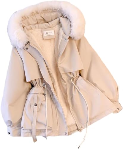 Yeooa Damen-Winter-Fleecemantel niedlich leicht einfarbig mittellang mit Kapuze warm Parka elegant schlank weich verdickt warm winddicht (Beige,L) von Yeooa