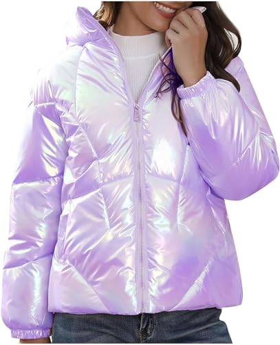 Yeooa Damen Winter Steppjacke Langarm Stehkragen Flauschige Jacke Eleganter Parker Mantel Bunt Glänzend Leichtgewichtige Kapuze Warme Kurze Jacke mit Taschen (Lila,XXL) von Yeooa