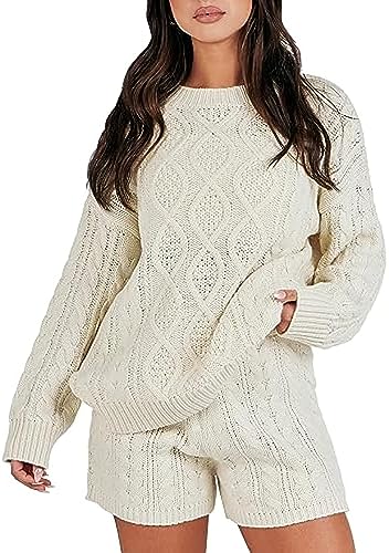 Yeooa Damen Zweiteiler Langarm Gestrandeter Strick Pullover Lässiges Set Damen Herbst Set (Aprikose,M) von Yeooa