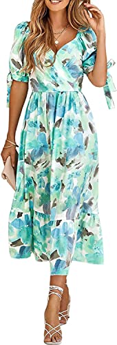 Yeooa Damen lässiges Boho-Kleid mit Blumenmuster taillenlangem blusigem Ärmel tiefem V-Ausschnitt und Rüschen (Grün,XL) von Yeooa