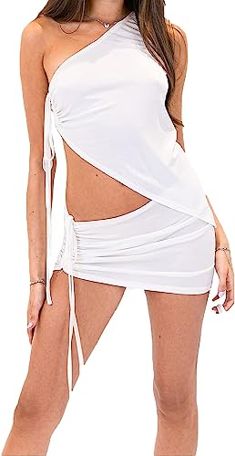 Yeooa Damen sexy Y2K trägerloses Halfter-Top Tube-Top Einteiler kurzes Kleid zweiteiliges Minirock-Set Sommer-Strand-Set (A-Weiß,S) von Yeooa