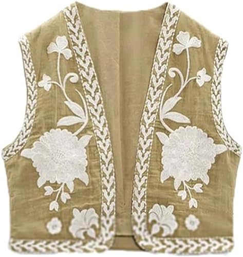 Yeooa Frauenmode ärmellose lockere Weste Jacke gewebter Cardigan Cardigan Bohemian Flower Y2K bestickte Weste Jacke (Khaki,L) von Yeooa