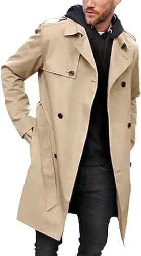 Yeooa Herren Herbst und Winter Langer Trenchcoat Revers Langarm Zweireiher Einfarbige Oberbekleidung Leichte Winddichte Überschuss Jacke Business Mantel (Khaki,L) von Yeooa