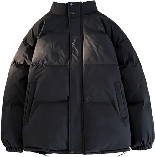 Yeooa Herren Winterjacke Mode Stehkragen Schal Einfarbiger Mantel Verdickte Flauschige Warme Daunenjacke Lose Passform Paare Gesteppte Oberbekleidung Freizeitkleidung (Schwarz,L) von Yeooa