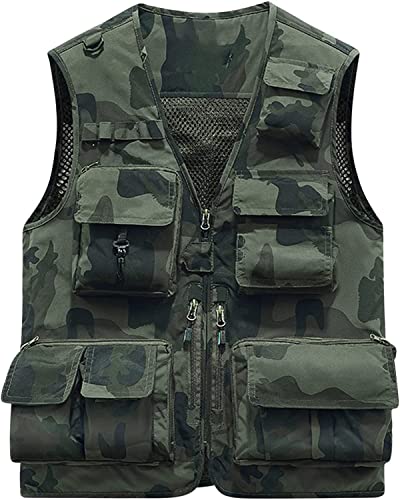 Yeooa Herren ärmellose Weste Weste Multi-Pocket Sommer Outdoor Bergsteigen Weste Schnell trocknend Camouflage Fischen Fotografie Arbeit ärmellose Weste Jacke (A-Grün,3XL) von Yeooa