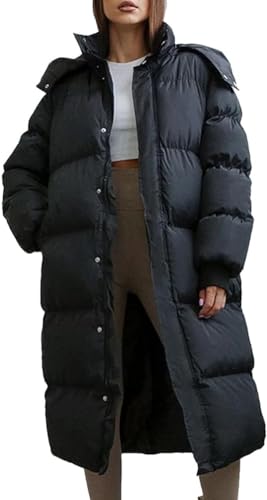 Yeooa Langer Parka für Damen Winter langärmelig warm Oberbekleidung winddicht mit Kapuze modisch lässig Outdoor Reisen Steppmantel (Schwarz,L) von Yeooa