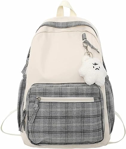 Yeooa Mädchen süßer ästhetischer karierte Rucksack mit großer Kapazität leichtem Freizeitmodell und Anhänger-Schultertasche Tagesrucksack und Reiserucksack (Grau,Eine Größe) von Yeooa