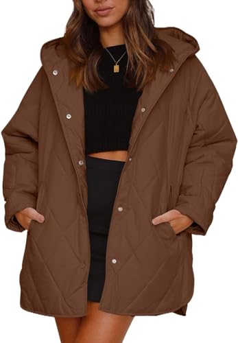 Yeooa Steppjacke für Damen mit Kapuze leicht lässig übergroß Steppjacke langärmelig leicht warm winddicht Oberteil mit Taschen Winter-Outwear (Braun,XXL) von Yeooa