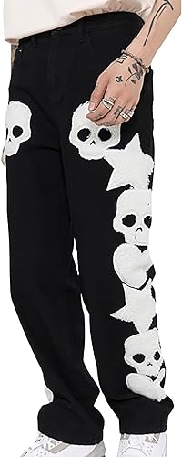 Yeooa Y2K Jeans Gothic Harajuku Jeans Mode Streetwear Vintage bestickte Skull Star Jeans lässig lockere Jeans mit geradem Bein (Schwarz,S) von Yeooa