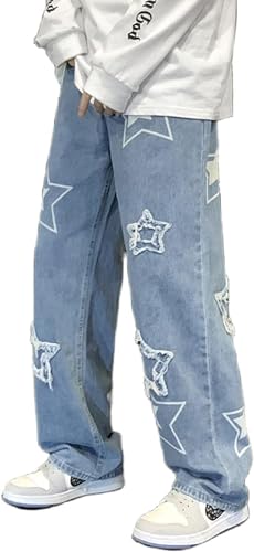 Yeooa Y2K Jeans lässig breites Bein Pentagramm gerades Bein Vintage Harajuku Bestickte Jeans mit weitem Bein Jeans Mode Streetwear (Blau,S) von Yeooa