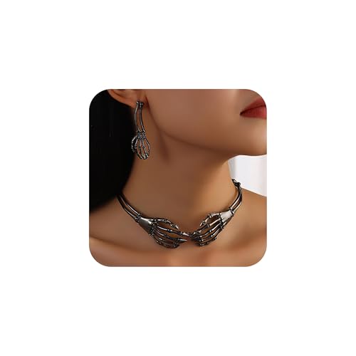 Yepelesi Gothic Skelett Halskette Ohrringe Set für Frauen Halloween Skelett Hand Schädel Choker Ohrringe Set Punk Vintage Schwarz Skelett Statement Schmuck Halloween Goth Kostüm Party Zubehör Yepelesi Gothic Skelett Halskette Ohrringe Set für Frauen Halloween Skelett Hand Schädel Choker Ohrringe Set Punk Vintage Schwarz Skelett Statement Schmuck Halloween Goth Kostüm Party Zubehör von Yepelesi
