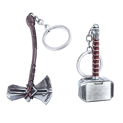 Yerdos 2 Stück Thors Stormbreaker Schlüsselanhänger + Hammer Schlüsselanhänger 2-in-1 Axt Mjolnir Cosplay, silber von Yerdos