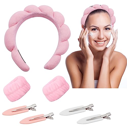 Set aus 1 Stirnband Damen,2 Gesichtswasch Handgelenk,4 Haarnadeln,Haarband Kosmetik Stirnband,Wiederverwendbares Haarbänder Make up aus Schwamm,Haarbänder für Make-up,Hautpflege,Sport(Rosa) von Yeria