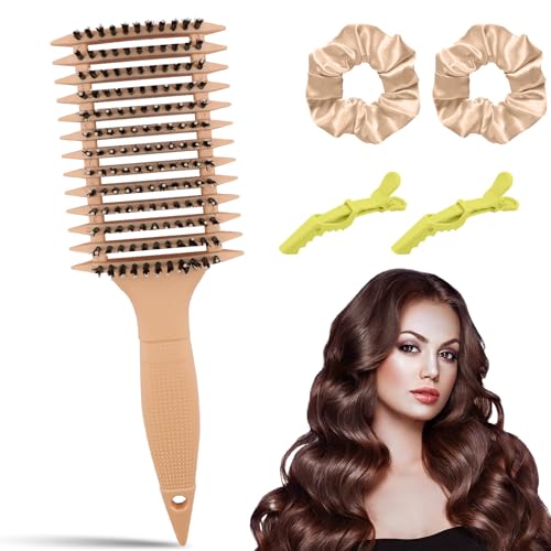 Yeria Lockenbürste Set 2025 – 5-teiliges Curl Brush Set für Lockiges Haar – 1x Curl Defining Brush, 2x Haarklammern, 2x Haargummis – Stylingbürste für Damen, Naturlocken & Curly Hair Routine (Beige) von Yeria
