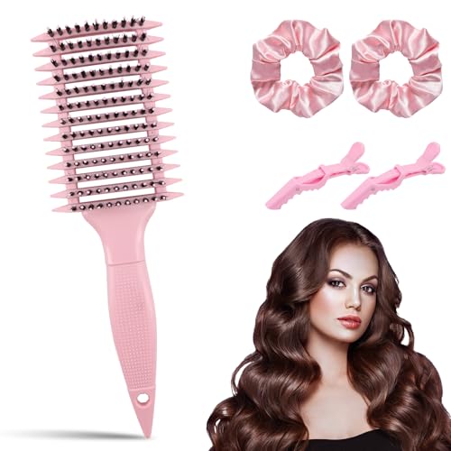 Yeria Lockenbürste Set 2025 – 5-teiliges Curl Brush Set für Lockiges Haar – 1x Curl Defining Brush, 2x Haarklammern, 2x Haargummis – Stylingbürste für Damen, Naturlocken & Curly Hair Routine (Rose) von Yeria