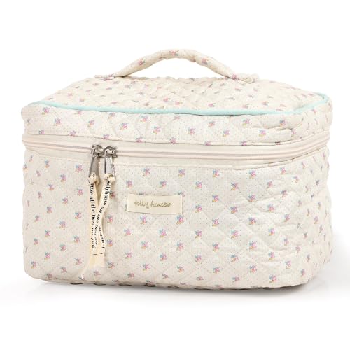 Yeria Make up Tasche, Groß Gesteppte Makeup Bag Aesthetic, Gesteppte Kulturtasche Damen, Baumwolle Make up Tasche mit Blumenmuster für Kinder Damen von Yeria