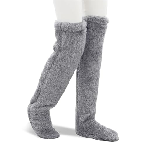 Yeria Snuggle Paws Hausschuhe, warme Plüsch-Damen-Socken, kuschelige Socken, Oberschenkelhoch, lange, flauschige Socken, kniehoch, Winter, Zuhause, lange flauschige Socken, grau, Medium von Yeria